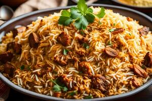 ai gegenereerd Indisch biryani - een traditioneel schotel van rijst- en vlees foto