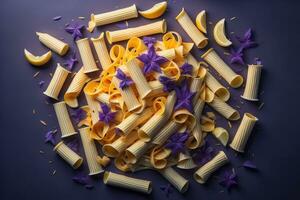 ai gegenereerd pasta met Purper bloemen Aan een donker achtergrond. top visie. generatief ai foto