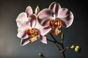 ai gegenereerd mooi bloeiend orchidee Aan een donker achtergrond. studio fotografie. generatief ai foto