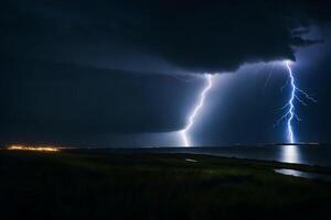 ai gegenereerd bliksem stakingen over- de oceaan en een lichaam van water foto