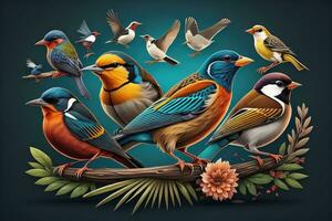 ai gegenereerd vector illustratie van een groep van kleurrijk vogelstand zittend Aan een Afdeling. ai generatief foto