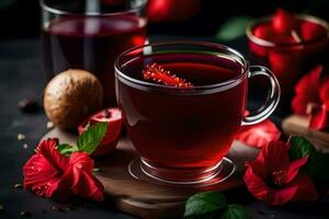 ai gegenereerd rood thee met hibiscus bloemen en noten Aan een donker achtergrond foto