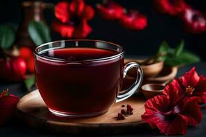 ai gegenereerd rood hibiscus thee Aan een donker achtergrond foto