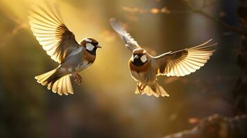 ai gegenereerd twee boom mussen vliegend in tuin Bij zonsondergang foto