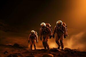 ai gegenereerd avontuur van drie ruimtevaarders of astronauten Aan Mars. foto