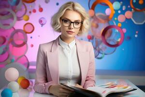 ai gegenereerd schattig Kaukasisch vriendelijk vrouw leerling Holding een boek. foto