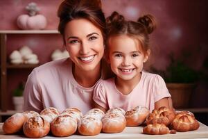 ai gegenereerd zorgzaam mam geeft les haar jong dochter hoe naar maken koekjes net zo ze bakken samen in de keuken. foto