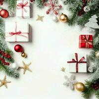 Kerstmis samenstelling met geschenk dozen, kaart ballen Spar takken pijnboom kegels met kopiëren ruimte. Kerstmis door ai gegenereerd foto