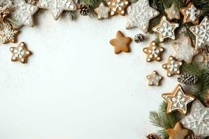 Kerstmis samenstelling met geschenk dozen, kaart ballen Spar takken pijnboom kegels met kopiëren ruimte. Kerstmis door ai gegenereerd foto