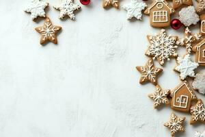 Kerstmis samenstelling met geschenk dozen, kaart ballen Spar takken pijnboom kegels met kopiëren ruimte. Kerstmis door ai gegenereerd foto