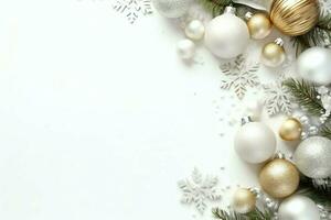 Kerstmis samenstelling met geschenk dozen, kaart ballen Spar takken pijnboom kegels met kopiëren ruimte. Kerstmis door ai gegenereerd foto