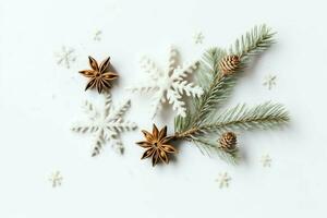 Kerstmis samenstelling met geschenk dozen, kaart ballen Spar takken pijnboom kegels met kopiëren ruimte. Kerstmis door ai gegenereerd foto