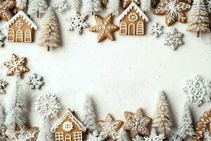 Kerstmis samenstelling met geschenk dozen, kaart ballen Spar takken pijnboom kegels met kopiëren ruimte. Kerstmis door ai gegenereerd foto