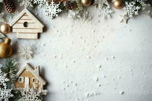 Kerstmis samenstelling met geschenk dozen, kaart ballen Spar takken pijnboom kegels met kopiëren ruimte. Kerstmis door ai gegenereerd foto