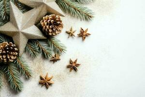 Kerstmis samenstelling met geschenk dozen, kaart ballen Spar takken pijnboom kegels met kopiëren ruimte. Kerstmis door ai gegenereerd foto