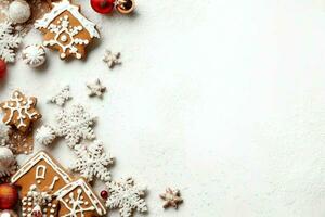 Kerstmis samenstelling met geschenk dozen, kaart ballen Spar takken pijnboom kegels met kopiëren ruimte. Kerstmis door ai gegenereerd foto