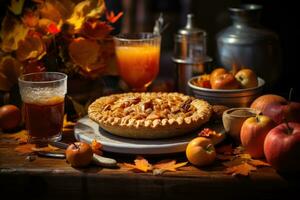 ai gegenereerd een feestelijk vallen tafereel met appel cider, kaneel stokken, en een pompoen taart omringd door herfst bladeren. generatief ai foto