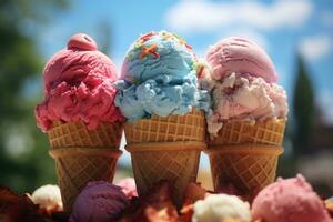 ai gegenereerd een trio van kleurrijk ijs room scheppen opgestapeld hoog in een wafel ijshoorntje, klaar naar worden genoten Aan een zonnig dag. generatief ai foto