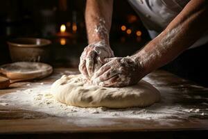 ai gegenereerd een artistiek schot van een chef-kok handen vakkundig vormgeven deeg in een pizza korst, klaar voor toppings. generatief ai foto