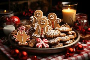 ai gegenereerd een feestelijk vakantie koekje schotel met een assortiment van vers gebakken koekjes en peperkoek figuren. generatief ai foto