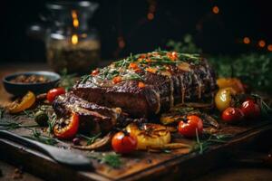 ai gegenereerd een perfect gegrild steak geserveerd met geroosterd groenten en een met knoflook doordrenkt saus. generatief ai foto