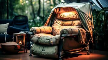 ai gegenereerd camping stoel met camping uitrusting in de tuin. foto