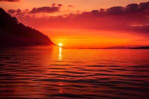 ai gegenereerd de zon sets over- de water in een meer foto