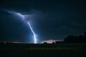 ai gegenereerd bliksem stakingen over- een veld- Bij nacht foto