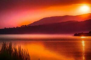 ai gegenereerd zonsondergang over- de meer, meer, bergen, zonsondergang, de meer, de bergen, de foto