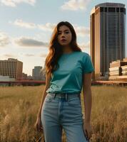 mooi jong Aziatisch vrouw met lang bruin haar, vervelend een blauw blouse en jeans, staand in de veld- Bij zonsondergang foto