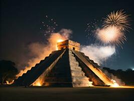 ai gegenereerd chichen itza in Mexico met oude ruïnes vuurwerk voor de nieuw jaar foto