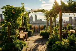 ai gegenereerd restaurant in chicago, Illinois, Verenigde Staten van Amerika. mooi natuur van chicago, een mooi op het dak tuin in de stad versierd met weelderig groen planten, ai gegenereerd foto