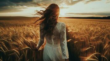 ai gegenereerd foto jong mooi en gelukkig vrouw in een wit jurk in de tarwe veld- Bij zonsondergang .ai gegenereerd