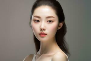 ai gegenereerd schoonheid Aziatisch model- vrouw huidsverzorging en bedenken met gezond gelaats huid Aan leeg ruimte. ai gegenereerd foto