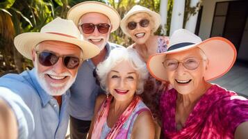 ai gegenereerd groep van elegant op zoek senior mensen nemen selfie met smartphone, gelukkig en glimlachend.ai gegenereerd foto