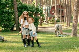 vriendelijk tween zussen knuffelen in binnenplaats van land huis met pony in achtergrond foto