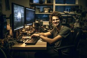 ai gegenereerd portret van een jong Kaukasisch Mens gebruik makend van een computer in een donker kamer, een portret, Mens, en glimlach van een programmeur Aan een computer in een kantoor werkplaats Bij nacht, ai gegenereerd foto