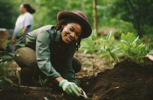 ai gegenereerd zwart vrouw in tuinieren handschoenen ploegen planten foto