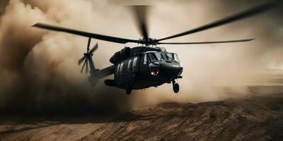 ai gegenereerd een zwart helikopter vliegend hoog over- een stoffig grond foto