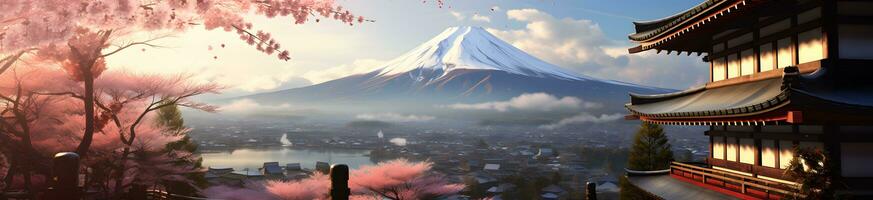ai gegenereerd panorama van monteren fuji met kers bloesems foto
