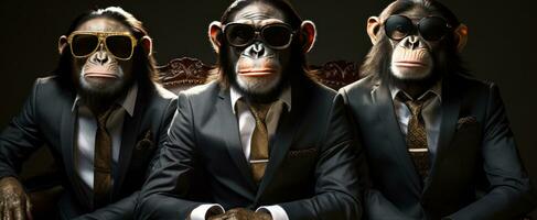 ai gegenereerd drie apen in zonnebril zijn gekleed omhoog voor een prestatie foto