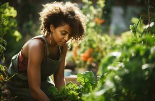 ai gegenereerd een vrouw in overall werken in hun tuin foto