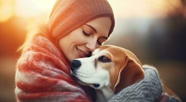 ai gegenereerd een vrouw knuffelen een brak hond foto