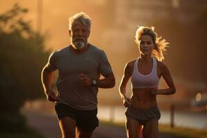 ai gegenereerd senior paar jogging in de stad. gezond levensstijl en sport concept, een zelfverzekerd zakenvrouw leveren een zakelijke presentatie Bij een congres of conferentie, ai gegenereerd foto