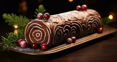 ai gegenereerd een chocola rollen met Kerstmis bomen en kerstballen foto