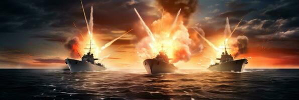 ai gegenereerd illustratie van twee nucleair aangedreven marine- schepen schieten schelpen foto