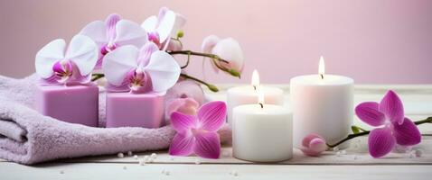ai gegenereerd roze orchideeën, wit zeep, kaarsen Aan een tafel foto