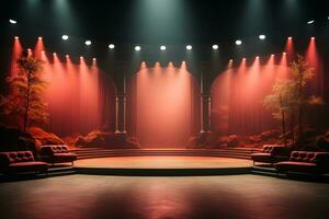 ai gegenereerd theater stadium licht achtergrond met spotlight verlichte de stadium voor opera prestatie. leeg stadium met warm sfeer kleuren, mist, rook, backdrop decoratie. vermaak show. foto