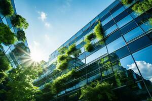 ai gegenereerd milieuvriendelijk gebouw in de modern stad. duurzame glas kantoor gebouw met boom voor verminderen koolstof dioxide. kantoor gebouw met groen omgeving. zakelijke gebouw verminderen co2. foto