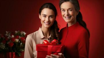 ai gegenereerd een vrouw Holding een rood geschenk doos in voorkant van een familie lid, foto